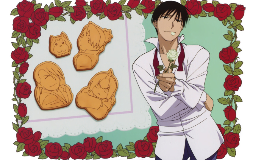 1boy absurdres alternate_costume black_eyes black_hair black_hayate border closed_mouth contrapposto cookie dress_shirt edward_elric facing_viewer fingernails flower food frilled_sleeves frills fullmetal_alchemist half-closed_eyes hand_on_hip hand_up head_tilt high_collar highres holding holding_flower leaf light_smile ling_yao long_sleeves looking_afar loose_necktie male_focus mouth_hold necktie official_art outstretched_hand pants partially_unbuttoned pectorals petals plant purple_pants red_flower red_neckwear red_rose riza_hawkeye rose rose_petals roy_mustang shirt spiky_hair tablecloth tsurime upper_body white_border white_flower white_rose white_shirt