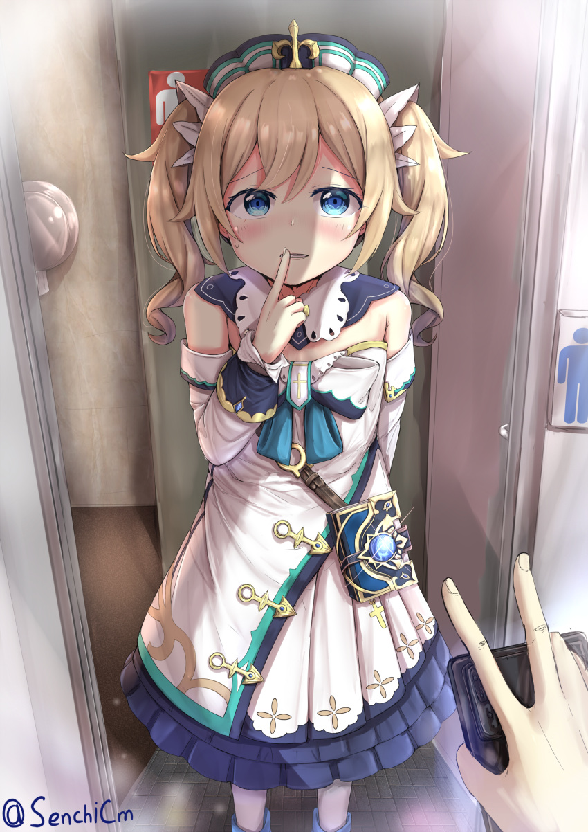 1boy absurdres barbara_(genshin_impact) blonde_hair blue_eyes blush cosplay crossdressinging dress finger_to_mouth genshin_impact highres long_hair otoko_no_ko pantyhose pov senchimee shushing sweatdrop toilet twintails