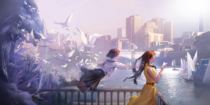 2girls absurdres bare_shoulders bird boat bracelet bridge brown_hair building butter_squid dove dress from_side highres jewelry long_hair multiple_girls original outdoors pantyhose pleated_skirt railing sailboat school_uniform serafuku short_hair skirt sky sleeveless sleeveless_dress tree water watercraft yellow_dress