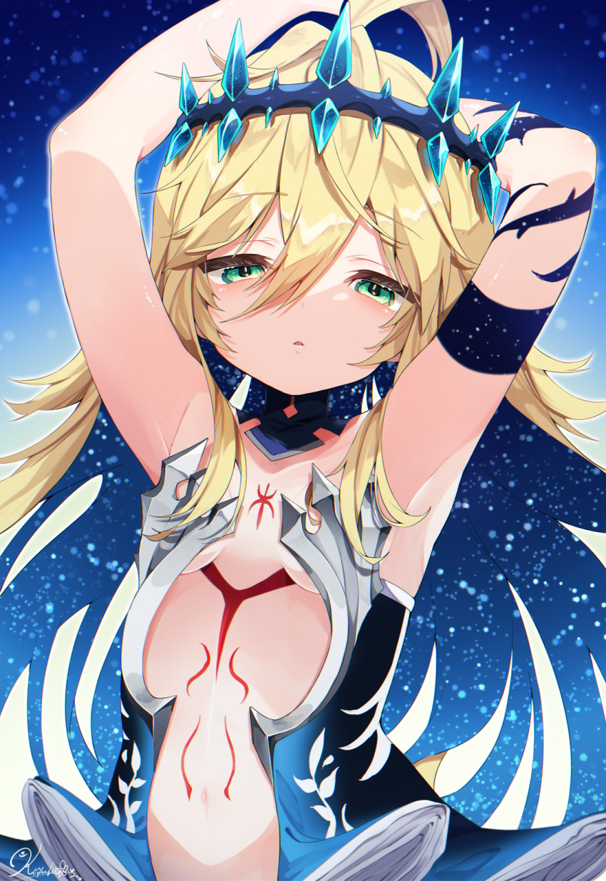 1girl ahoge armpits arms_up bangs blonde_hair blue_dress breasts colored_inner_hair commentary_request crown dress eyebrows_visible_through_hair green_eyes hair_between_eyes half-closed_eyes highres koyubita long_hair looking_at_viewer midriff multicolored_hair navel original signature small_breasts solo under_boob