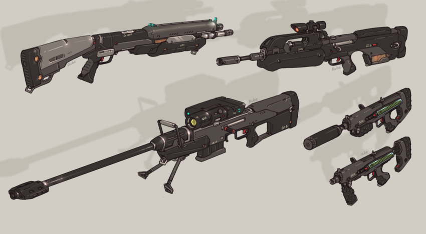 anti-materiel_rifle battle_rifle br55 bullpup english_commentary gun halo_(game) highres m7 m90 no_humans rifle ruben_menzel shadow sniper_rifle srs99 submachine_gun suppressor weapon weapon_sheet