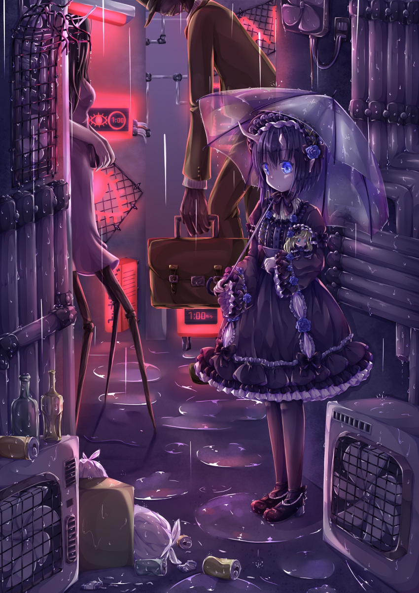 1other 2girls alley black_dress black_footwear black_hair black_legwear bottle box can cardboard_box doll dress fan flower frilled_dress frilled_hairband frills gothic_lolita hair_flower hair_ornament hairband hamkuti highres holding holding_doll horns lolita_fashion multiple_girls neon_lights non-human oni oni_horns original pipe puddle rain red_eyes short_hair soda_can transparent transparent_umbrella trash_bag umbrella water_drop