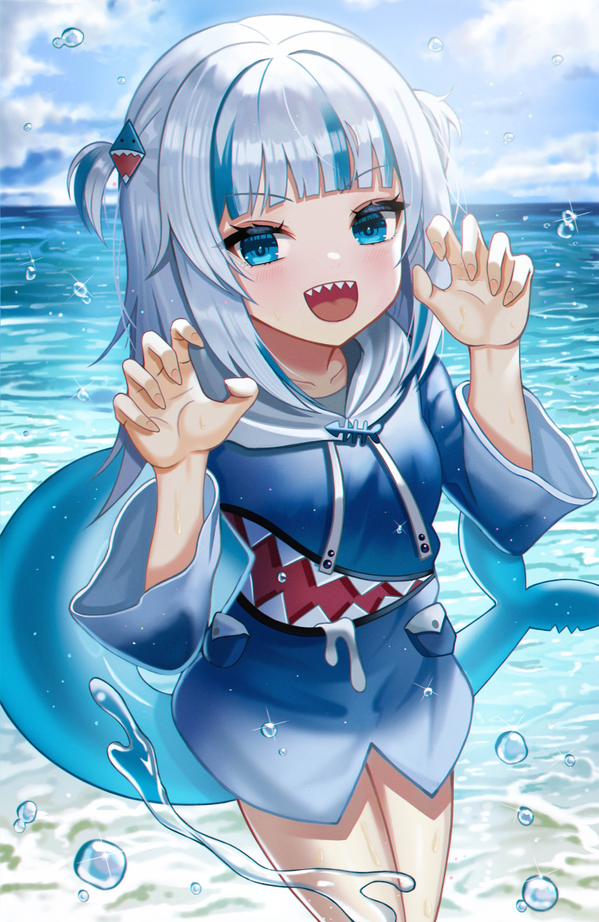 1girl :d absurdres bangs beach blue_eyes blue_hoodie blunt_bangs breasts claw_pose clouds cloudy_sky collarbone cowboy_shot day droplets eyebrows_visible_through_hair fingernails fish_tail gawr_gura glint gradient_clothes hair_ornament hands_up highres hololive hololive_english hood hoodie horizon light_blush long_hair multicolored_hair open_mouth outdoors poise shark_hair_ornament shark_tail sharp_teeth silver_hair sky small_breasts smile solo streaked_hair tail teeth two_side_up v-shaped_eyebrows water