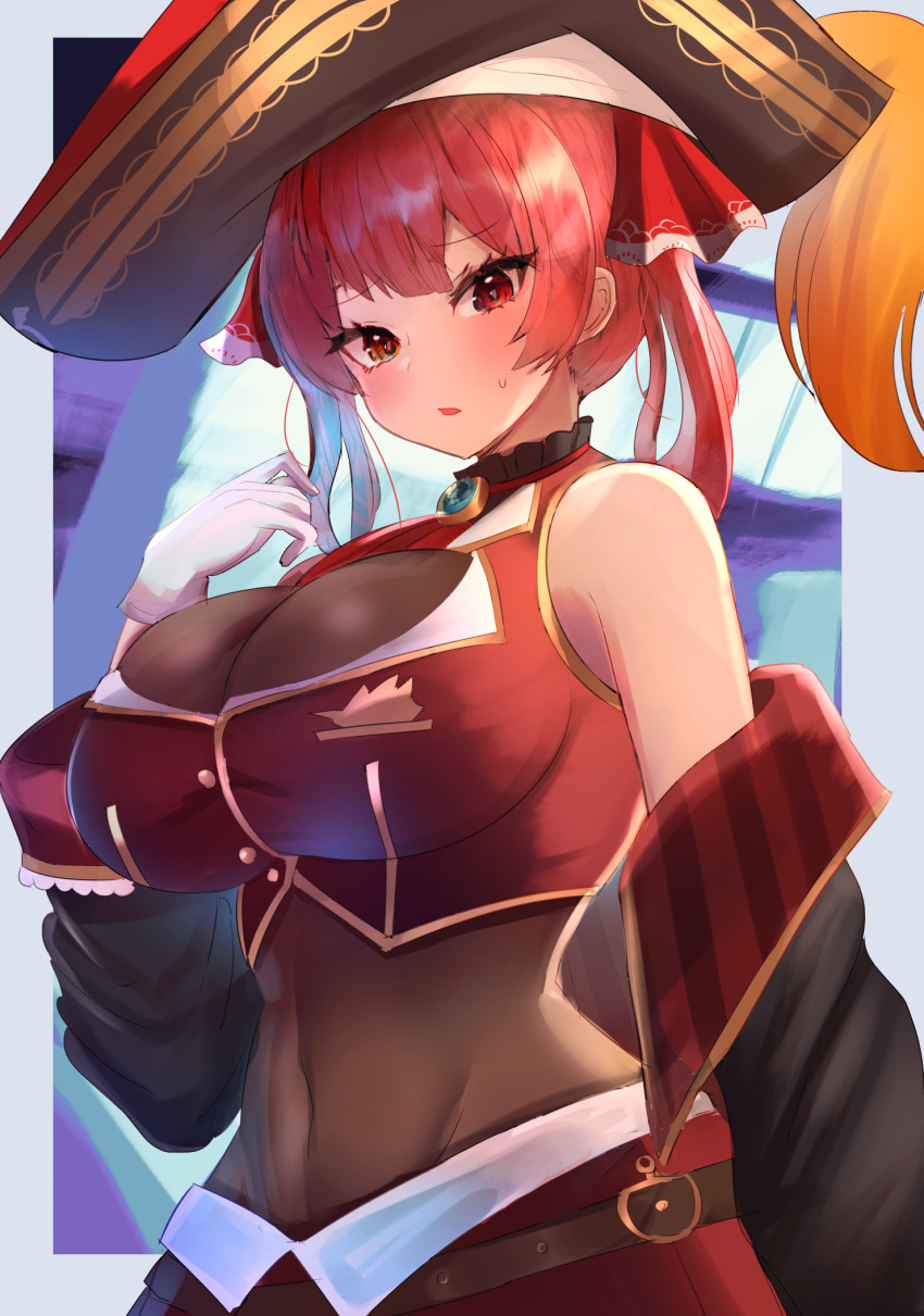 1girl bangs black_headwear blunt_bangs breasts brown_bodysuit commentary covered_navel eyebrows_visible_through_hair gloves hair_ribbon hand_up hat heterochromia highres hololive houshou_marine large_breasts looking_at_viewer makuwori pirate_hat red_eyes red_ribbon redhead ribbon solo sweatdrop virtual_youtuber white_gloves yellow_eyes