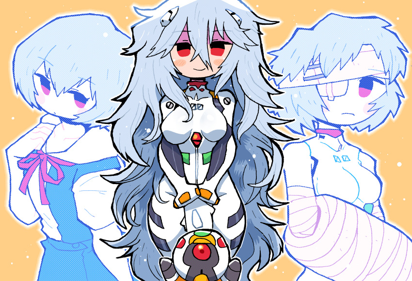 1girl absurdres alternate_hair_length alternate_hairstyle ayanami_rei bandage_over_one_eye bandages blue_hair blush_stickers bodysuit chibi curvy eva_00 evangelion:_3.0+1.0_thrice_upon_a_time highres injury mecha neon_genesis_evangelion plugsuit rariatto_(ganguri) rebuild_of_evangelion red_eyes school_uniform shiny shiny_clothes shiny_hair short_hair smile solo standing yellow_background