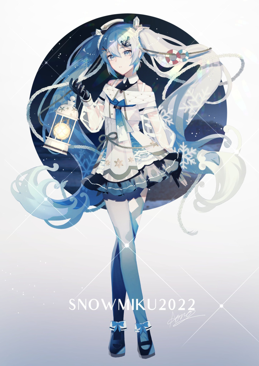 1girl anchor_hair_ornament aono_99 bare_shoulders black_gloves blue_skirt character_name commentary crossed_legs crystal_hair_ornament dress full_body gloves gradient gradient_background hair_ornament hat hatsune_miku highres holding holding_lantern lantern lifebuoy_hair_ornament light_blue_eyes light_blue_hair long_hair looking_at_viewer night night_sky parted_lips rope sailor_hat signature skirt sky snowflake_print solo standing star_(sky) thigh-highs twintails very_long_hair vocaloid wave_print white_dress white_headwear yuki_miku
