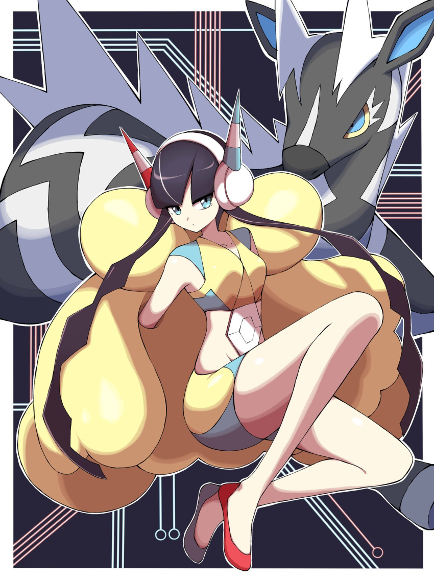 1girl asymmetrical_footwear bangs bike_shorts black_hair blue_eyes blunt_bangs border breasts closed_mouth coat collarbone commentary_request elesa_(pokemon) flats fur_coat gen_5_pokemon gym_leader headphones highres legs long_hair midriff outline outside_border pokemon pokemon_(creature) pokemon_(game) pokemon_bw2 shabana_may twintails very_long_hair white_border yellow_coat zebstrika