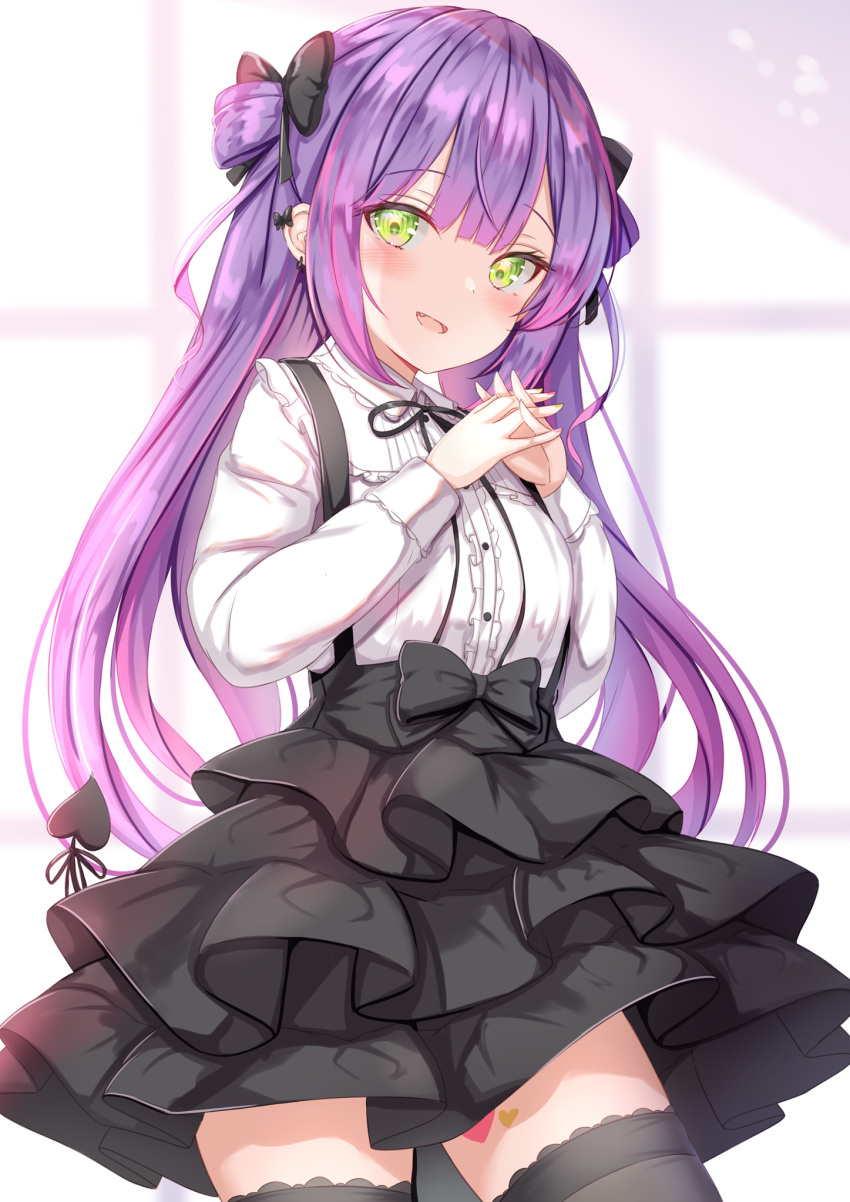 1girl :d bangs black_bow black_legwear black_skirt blush bow commentary_request cowboy_shot demon_tail ear_bow eyebrows_visible_through_hair fang green_eyes hair_bow highres hololive layered_skirt long_hair long_sleeves looking_at_viewer open_mouth purple_hair shirt skirt smile solo standing steepled_fingers suspender_skirt suspenders tail thigh-highs tokoyami_towa two_side_up virtual_youtuber white_shirt yuano