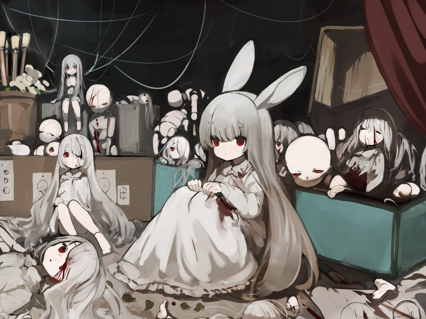6+girls animal_ears bangs blood bloody_clothes closed_eyes closed_mouth collared_dress doll dress grey_hair hair_between_eyes highres knees_up long_hair long_sleeves looking_at_viewer multiple_girls original rabbit_ears red_eyes short_eyebrows sleeves_past_wrists solo_focus thick_eyebrows u_(rat3333) very_long_hair white_dress