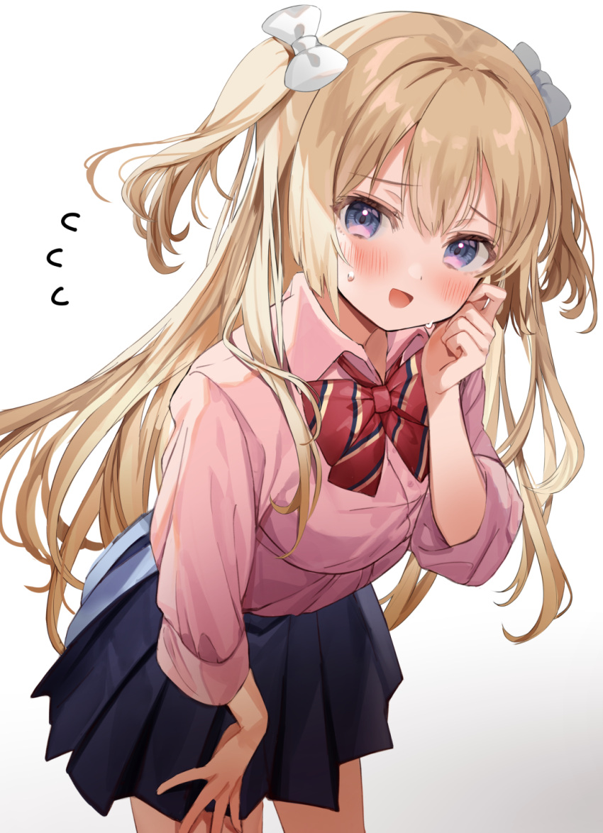 1girl :d bangs blonde_hair blue_eyes blue_skirt blush bow bowtie breasts collared_shirt cowboy_shot eyebrows_visible_through_hair hair_bow hand_on_own_cheek hand_on_own_face highres kanda_done leaning_forward long_hair long_sleeves looking_at_viewer medium_breasts open_mouth original pink_shirt pleated_skirt red_neckwear shirt simple_background skirt smile solo standing striped striped_neckwear sweatdrop two_side_up very_long_hair white_bow