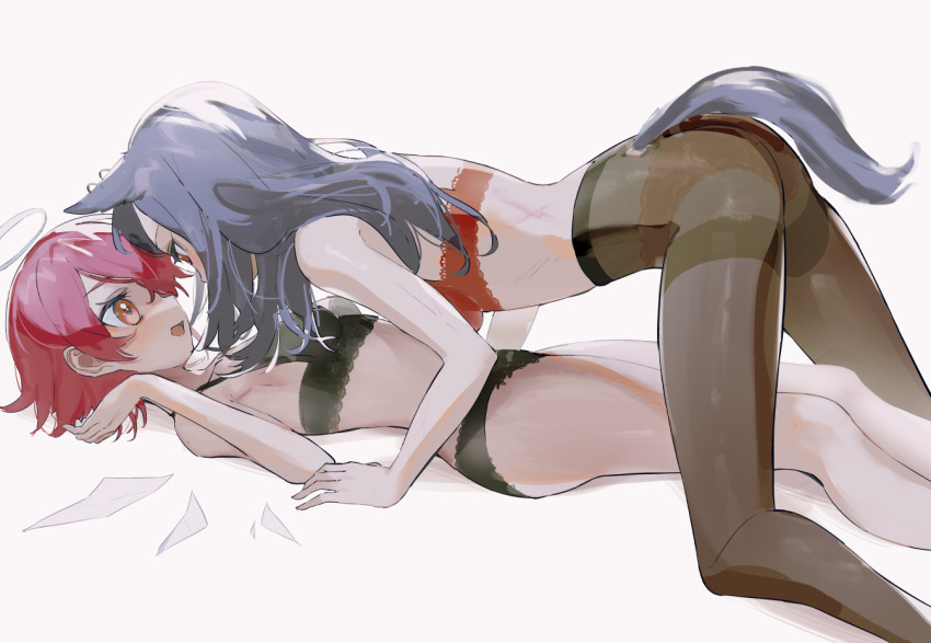 2girls all_fours animal_ears arknights ass black_bra black_hair black_panties bra breasts brown_legwear exusiai_(arknights) girl_on_top lingerie lying multiple_girls on_back open_mouth panties panties_under_pantyhose pantyhose red_bra red_eyes red_panties redhead see-through short_hair simple_background small_breasts tail texas_(arknights) thighband_pantyhose thighs underwear underwear_only white_background wolf_ears wolf_girl wolf_tail yamamura_saki yuri