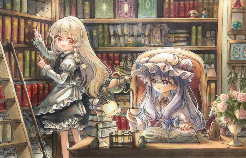 2girls :d apron balance_scale bangs black_skirt black_vest blonde_hair bloomers blue_bow book book_stack bookshelf bow braid buttons capelet coffee commentary_request crescent crescent_hat_ornament cup dress earrings eyebrows_visible_through_hair flower frills hair_bow hair_ribbon hat hat_ornament highres hisako_(6anmbblfnjueeff) holding holding_book holding_cup index_finger_raised indoors jewelry juliet_sleeves kirisame_marisa ladder lamp library light long_hair long_sleeves looking_at_another mob_cap multiple_girls nail_polish no_hat no_headwear open_book open_mouth patchouli_knowledge petticoat pink_dress pink_flower pink_headwear pink_rose potion pouring puffy_sleeves purple_bow purple_hair red_bow red_nails red_neckwear ribbon rose side_braid sidelocks single_braid skirt skull smile table teacup teapot telekinesis touhou tress_ribbon underwear vase very_long_hair vest vial violet_eyes waist_apron weighing_scale yellow_eyes yellow_ribbon