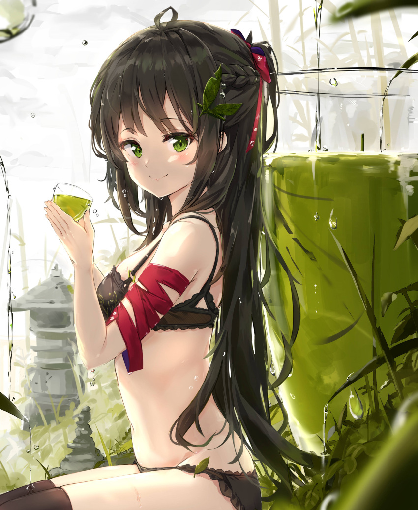 1girl absurdres ahoge bare_shoulders black_bra black_hair black_legwear black_panties bow bra braid breasts cup from_side green_eyes groin hair_bow hair_ornament highres holding long_hair looking_at_viewer looking_to_the_side medium_breasts na_kyo original panties smile solo stomach thigh-highs thighs underwear