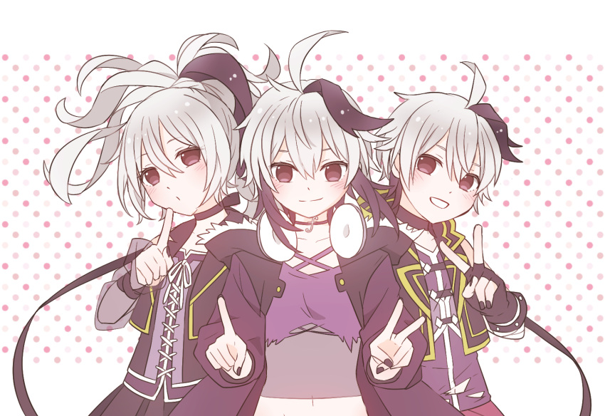3girls ahoge androgynous choker commentary crop_top dotted_background fingerless_gloves flower_(vocaloid) gloves grin gynoid_talk headphones highres index_finger_raised jacket long_hair looking_at_viewer midriff multicolored_hair multiple_girls multiple_persona navel pendant_choker ponytail purple_gloves purple_hair purple_jacket purple_nails purple_shirt see-through_shirt shirt short_hair sidelocks skc smile streaked_hair torn_clothes torn_shirt upper_body v v_flower_(gynoid_talk) v_flower_(vocaloid4) violet_eyes vocaloid white_hair