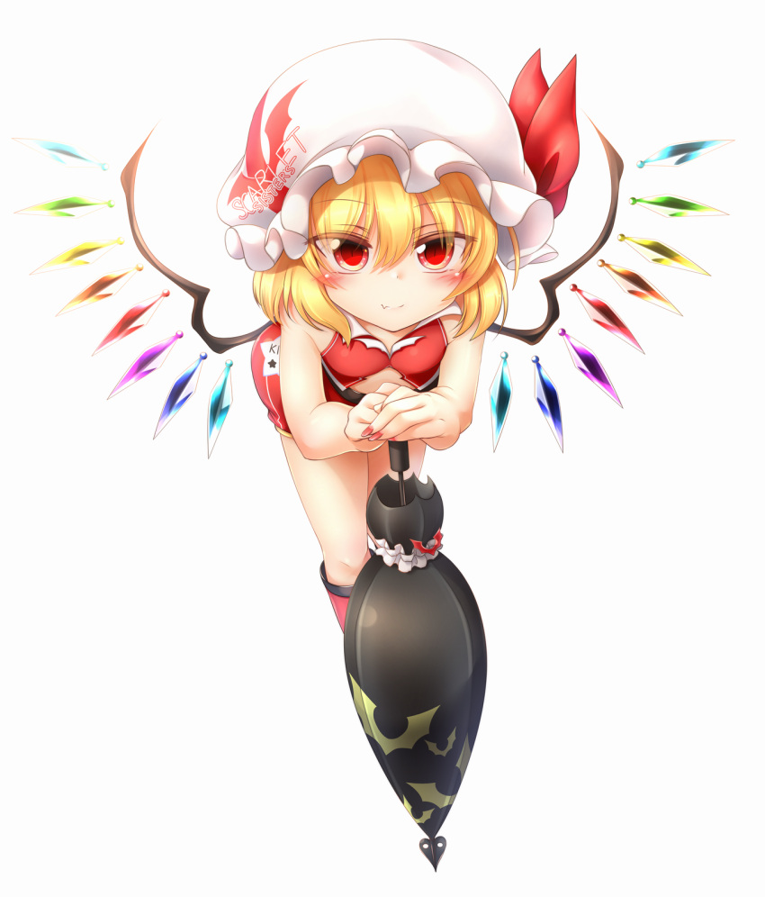 1girl blonde_hair bow clothes_writing crop_top crystal fang fingernails flandre_scarlet hat highres leaning_forward leaning_on_object looking_at_viewer m9kndi mob_cap racequeen red_eyes red_footwear red_shirt red_shorts ribbon shirt short_hair short_shorts shorts skin_fang sleeveless sleeveless_shirt smile solo touhou umbrella wings