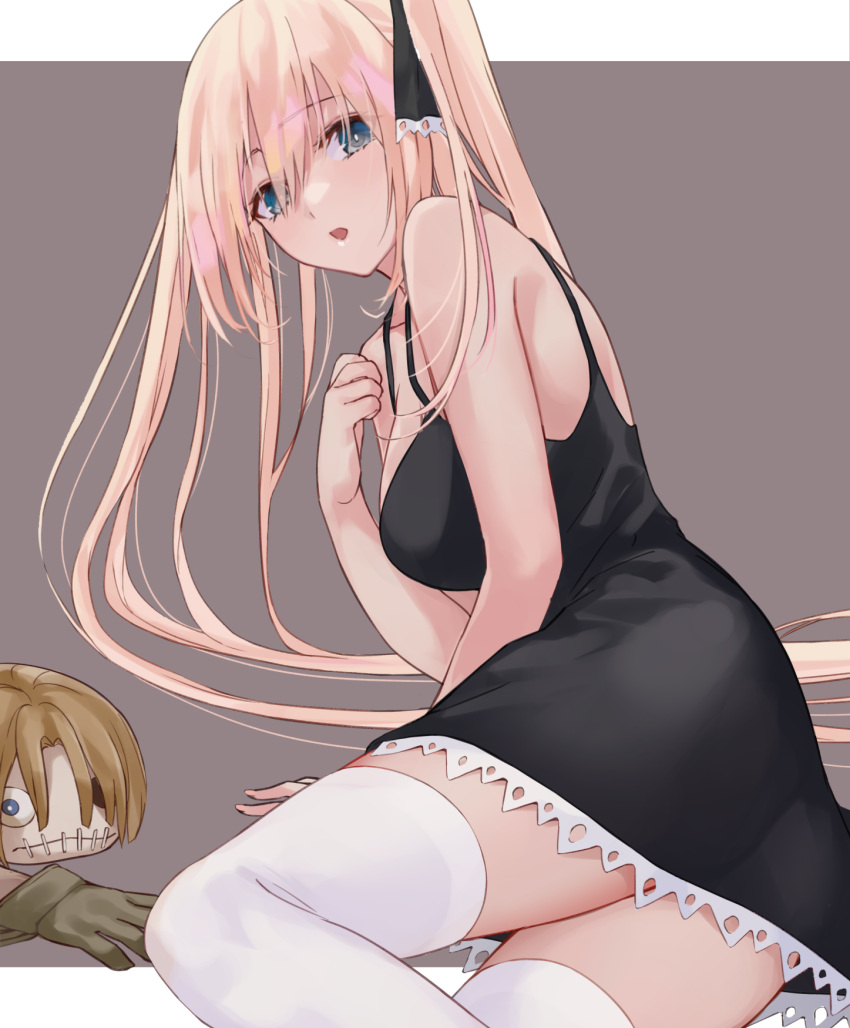 1girl arm_support bangs bare_shoulders black_dress blonde_hair blue_eyes breasts doll dress hand_on_own_chest highres long_hair looking_at_viewer looking_to_the_side marion_phauna mexifime open_mouth outside_border shaman_king simple_background sitting solo spaghetti_strap stitched_mouth stitches thigh-highs thighs very_long_hair white_legwear zettai_ryouiki
