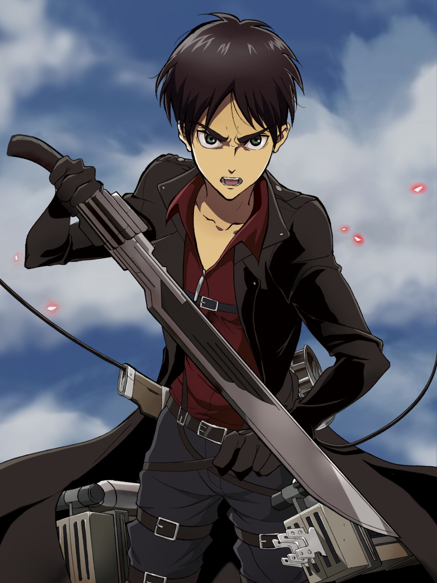 1boy absurdres belt black_coat black_gloves black_hair black_pants clouds coat commentary cowboy_shot eren_yeager furrowed_eyebrows gloves green_eyes hair_strand highres holding holding_sword holding_weapon looking_at_viewer male_focus micaoz official_style open_clothes open_coat open_mouth pants red_shirt shingeki_no_kyojin shirt shouting sky solo sword thigh_strap three-dimensional_maneuver_gear trench_coat weapon