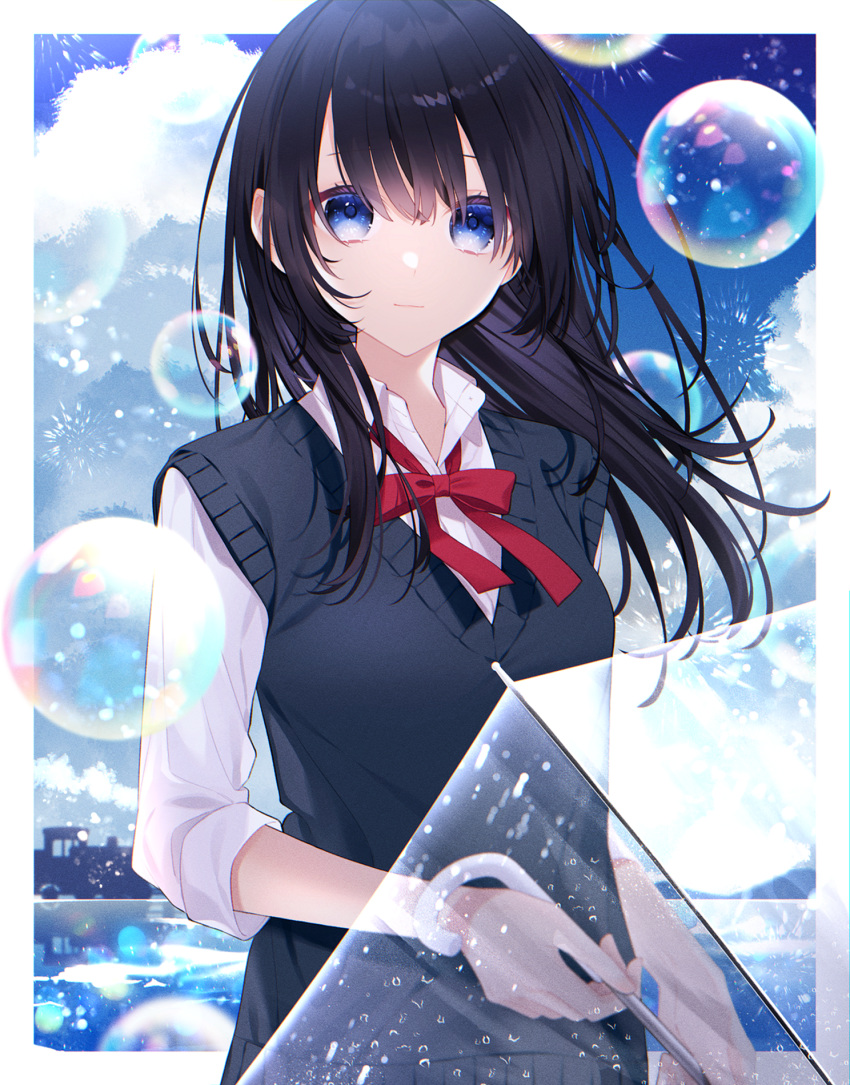 1girl bangs black_hair black_sweater_vest blue_eyes blue_sky border bubble building closed_mouth clouds collared_shirt commentary hair_blowing highres holding kuro_no_ha light_smile looking_at_viewer medium_hair original outdoors red_neckwear reflection shirt sidelocks sky solo standing sweater_vest transparent transparent_umbrella umbrella upper_body white_shirt