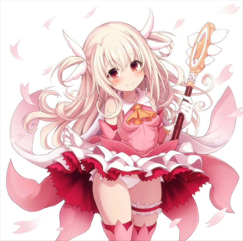 1girl absurdres bangs bare_shoulders blonde_hair blush breasts closed_mouth commentary_request detached_sleeves dress dress_lift eyebrows_visible_through_hair fate/kaleid_liner_prisma_illya fate_(series) feathers gloves hair_between_eyes hair_feathers highres holding holding_staff long_hair looking_at_viewer magical_girl open_mouth panties petals pink_legwear prisma_illya red_eyes shirt sleeveless sleeveless_shirt small_breasts smile solo staff tatsuhiko thigh-highs two_side_up underwear white_background white_gloves white_panties