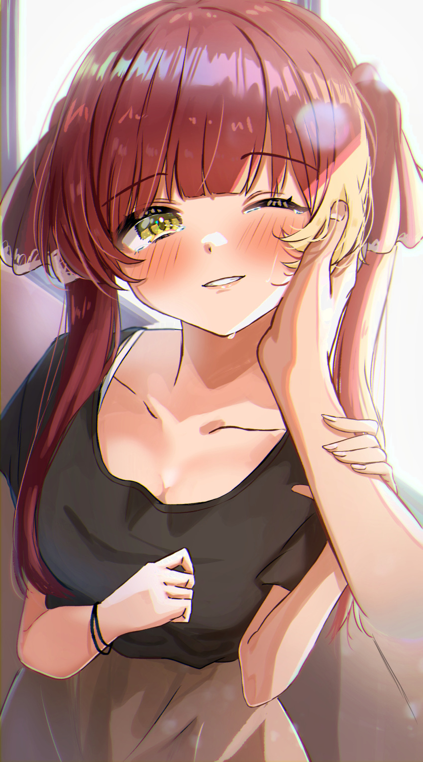 1girl absurdres amefukura_art blurry blurry_background blush casual collarbone commentary_request eyebrows_visible_through_hair hand_on_another's_cheek hand_on_another's_face hands_up highres hololive houshou_marine long_hair looking_at_viewer one_eye_closed parted_lips pov pov_hands redhead solo_focus twintails upper_body virtual_youtuber window yellow_eyes
