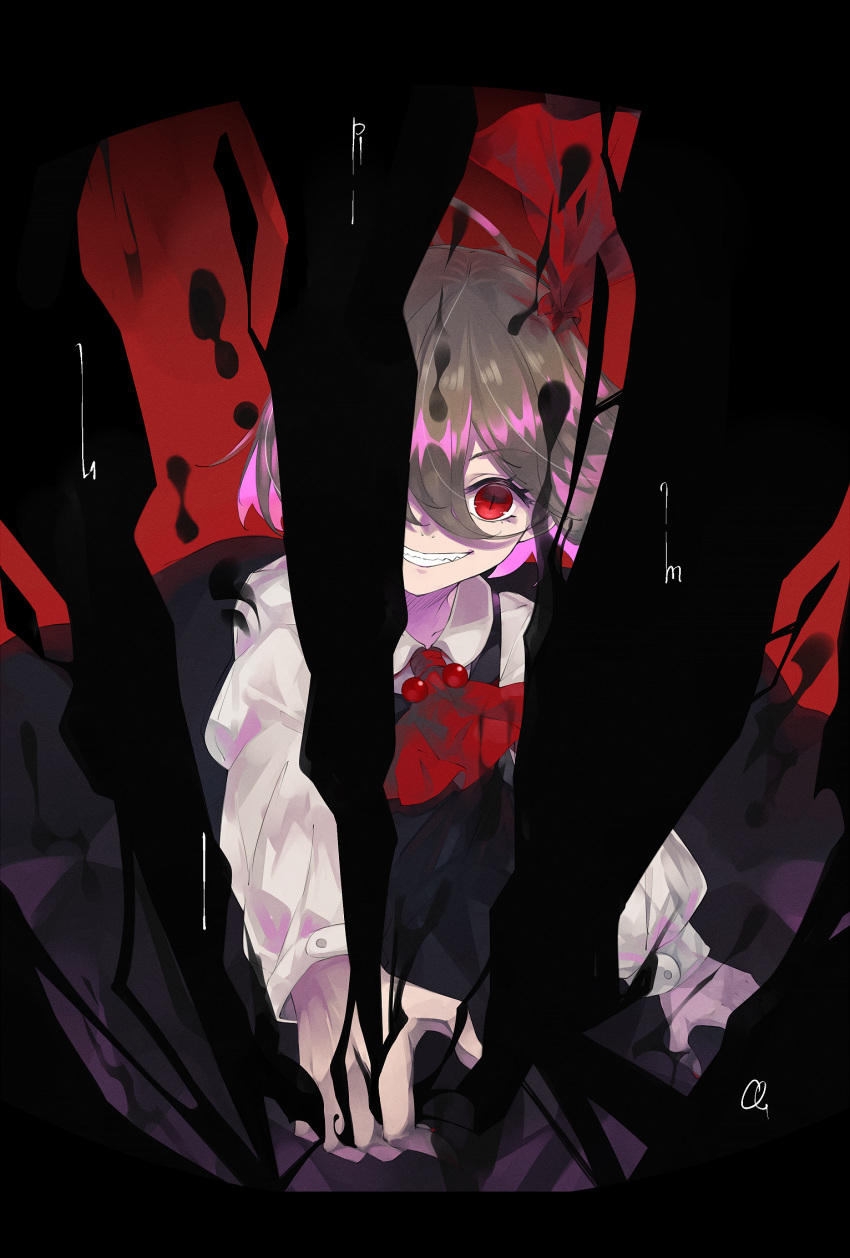 1girl black_vest blonde_hair bow commentary_request darkness evil_grin evil_smile fingernails grin hair_bow highres long_sleeves o_(crazyoton46) red_eyes red_neckwear rumia sharp_fingernails shirt short_hair slit_pupils smile solo splatter touhou vest white_shirt