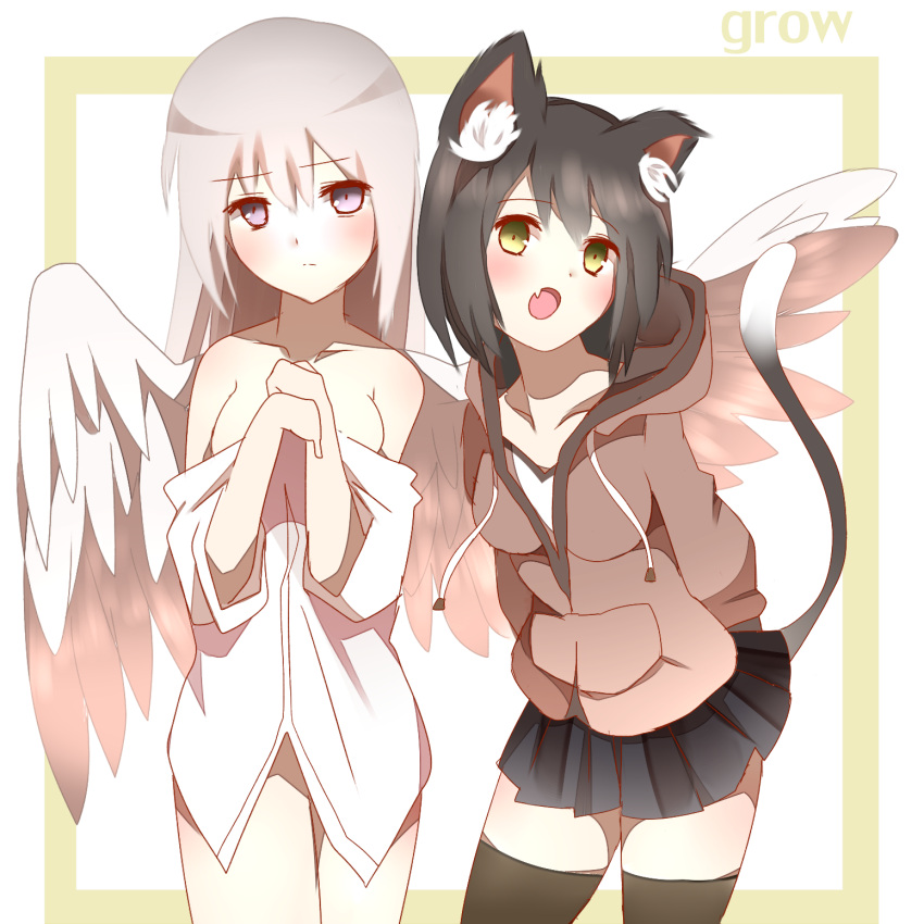 2girls :o animal_ear_fluff animal_ears bare_shoulders black_footwear black_hair black_skirt breasts cat_ears cat_girl cat_tail collarbone dress_shirt eyebrows_visible_through_hair fang feathered_wings grey_hair highres hood hood_down hoodie looking_at_viewer medium_hair miniskirt multiple_girls naked_shirt non_(wednesday-classic) original pleated_skirt shirt short_hair skirt tail thigh-highs white_shirt white_wings wings
