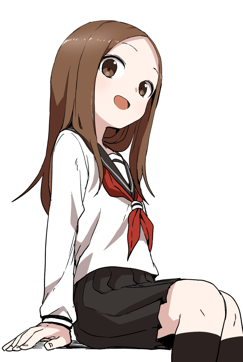 1girl :d absurdres bangs black_legwear black_sailor_collar black_skirt brown_eyes brown_hair feet_out_of_frame forehead highres karakai_jouzu_no_takagi-san kneehighs long_hair long_sleeves looking_at_viewer neckerchief official_art open_mouth parted_bangs pleated_skirt red_neckwear sailor_collar school_uniform serafuku shirt simple_background sitting skirt smile solo takagi-san white_background white_shirt yamamoto_souichirou