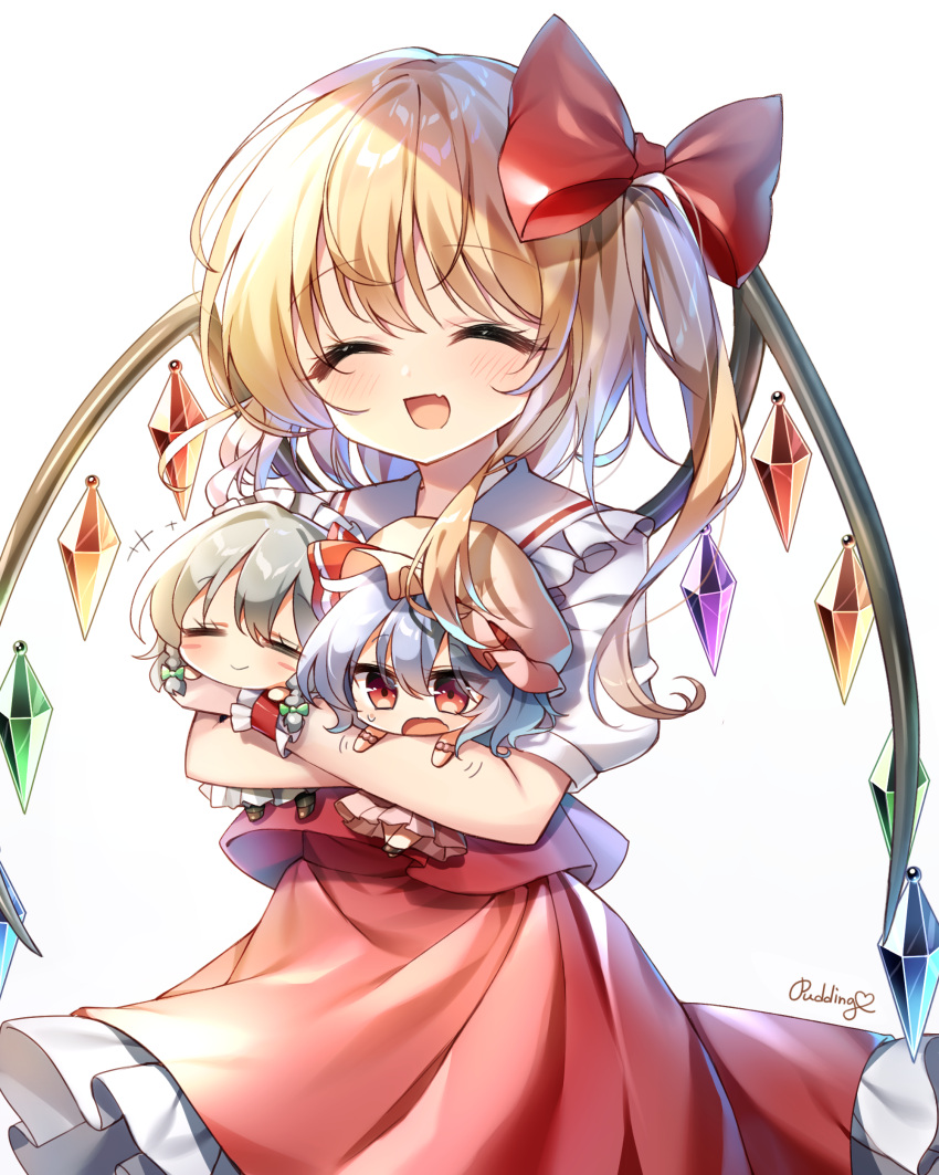 +++ 3girls ^_^ absurdres ascot bangs blonde_hair bow braid chibi closed_eyes closed_mouth cowboy_shot crossed_arms crystal eyebrows_visible_through_hair fang flandre_scarlet frilled_skirt frills green_bow grey_hair hair_bow hat hat_ribbon highres holding_another izayoi_sakuya looking_down maid maid_headdress medium_hair minigirl multiple_girls no_hat no_headwear open_mouth pink_headwear pudding_(skymint_028) puffy_short_sleeves puffy_sleeves purple_hair rainbow_order red_bow red_eyes red_ribbon red_skirt red_vest remilia_scarlet ribbon shirt short_hair short_sleeves side_braid side_ponytail signature simple_background skin_fang skirt smile standing sweatdrop touhou twin_braids vest white_background white_shirt wings yellow_neckwear