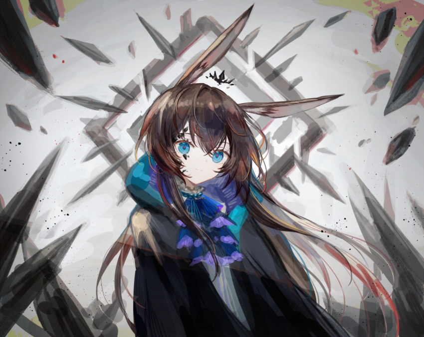 1girl amiya_(arknights) animal_ears arknights ascot bangs black_jacket blue_choker blue_eyes blue_neckwear brown_hair choker frilled_ascot frills from_side highres hood hood_down hooded_jacket jacket long_hair long_sleeves looking_at_viewer open_clothes open_jacket originium_arts_(arknights) oripathy_lesion_(arknights) ponytail rabbit_ears rabbit_girl sidelocks smile solo spacelongcat upper_body