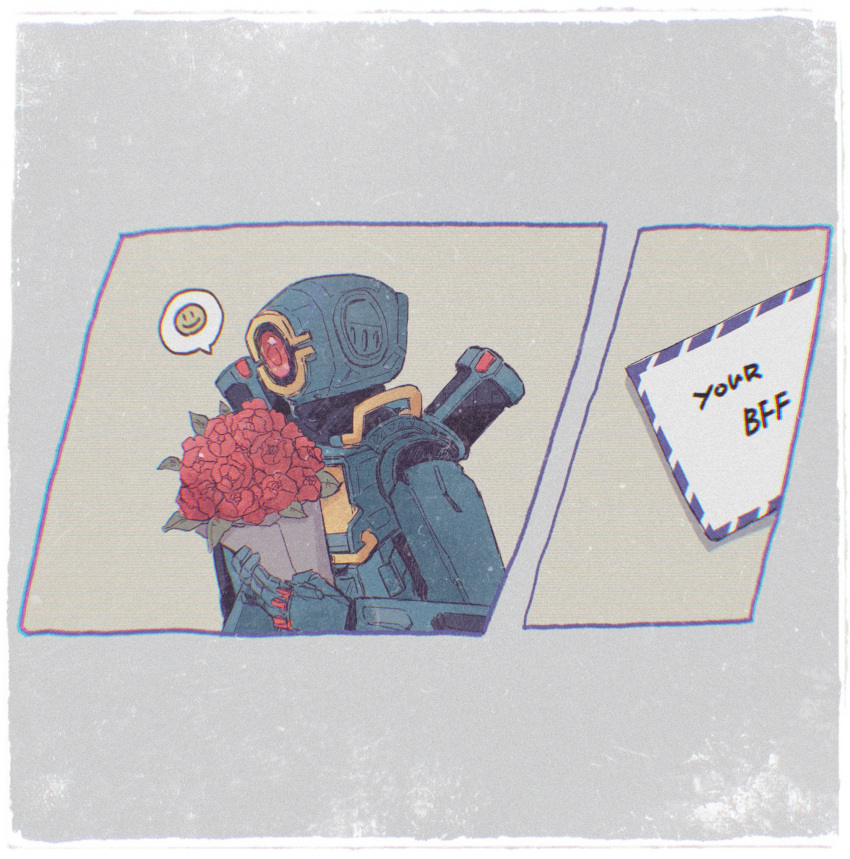 1boy apex_legends bouquet commentary_request english_text flower highres holding holding_bouquet humanoid_robot letter male_focus no_humans one-eyed pathfinder_(apex_legends) red_eyes red_flower red_rose rose science_fiction smile speech_bubble stack_(sack_b7)