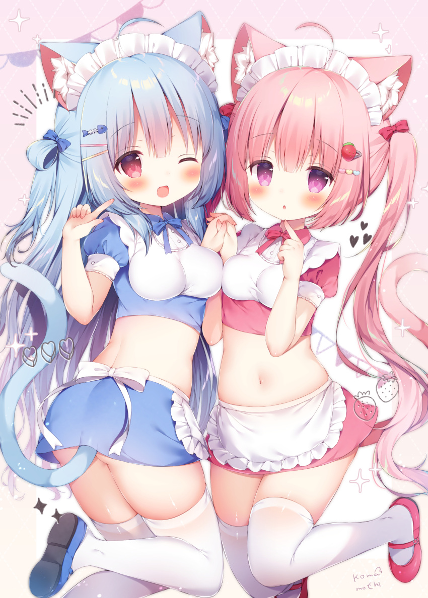 2girls :o ;d ahoge animal_ear_fluff animal_ears apron ass asymmetrical_docking bangs blue_bow blue_footwear blue_shirt blue_skirt blunt_bangs blush bow breast_press breasts cat_ears cat_tail commentary_request cowboy_shot crop_top eyebrows_visible_through_hair fish_hair_ornament food_themed_hair_ornament hair_between_eyes hair_bow hair_ornament hairclip heart highres holding_hands jumping kobone_(momozu_komamochi) long_hair looking_at_viewer maid maid_apron maid_headdress medium_breasts midriff miniskirt miruku_(momozu_komamochi) momozu_komamochi multiple_girls navel one_eye_closed open_mouth original pink_background pink_bow pink_eyes pink_footwear pink_hair pink_shirt pink_skirt pink_tail pointing pointing_at_self puffy_short_sleeves puffy_sleeves red_eyes ribbon shirt short_sleeves sidelocks skindentation skirt smile strawberry_hair_ornament tail thigh-highs thighhighs twintails twisted_torso two_side_up violet_eyes white_legwear white_thighhighs wink zettai_ryouiki