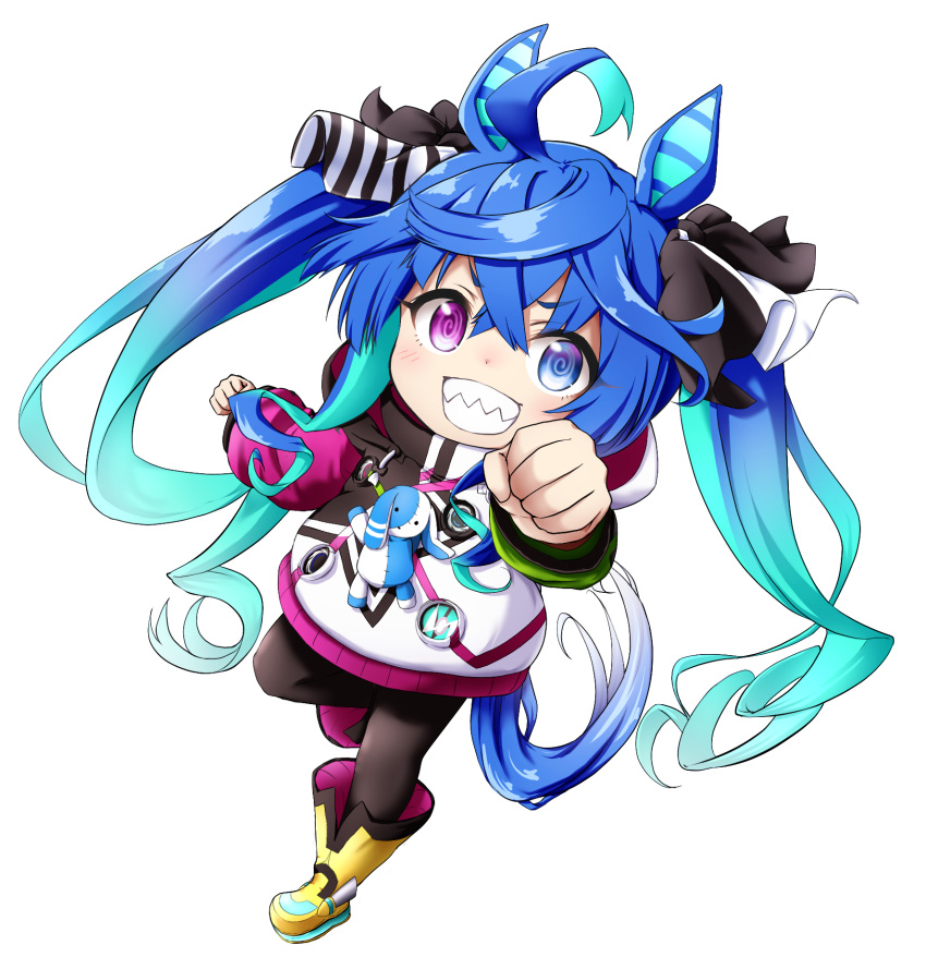 1girl ahoge animal_ears bangs black_legwear black_ribbon blue_eyes blue_hair boots chibi clenched_hand commentary_request eyebrows_visible_through_hair full_body gradient_hair hair_between_eyes hair_ribbon heterochromia highres hood hood_down hoodie horse_ears kuena long_hair multicolored_hair outstretched_arm pantyhose ribbon simple_background solo standing standing_on_one_leg stuffed_animal stuffed_bunny stuffed_toy twin_turbo_(umamusume) twintails umamusume v-shaped_eyebrows very_long_hair violet_eyes white_background white_hoodie yellow_footwear