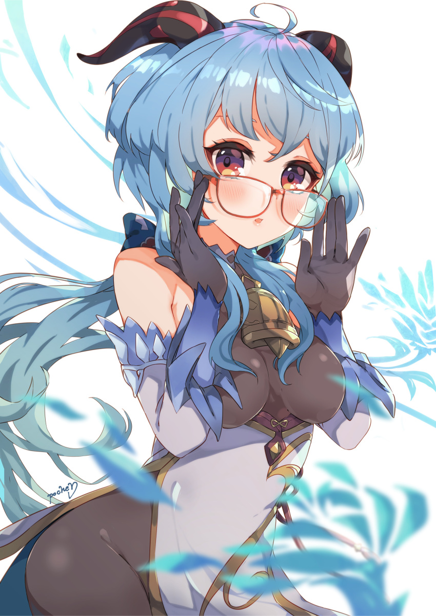 1girl absurdres bangs bell bespectacled black_bodysuit black_gloves blue_hair bodysuit bodysuit_under_clothes breasts cowbell dress elbow_gloves eyebrows_behind_hair floating_hair ganyu_(genshin_impact) genshin_impact glasses gloves heart highres horns long_hair medium_breasts mukatsukupochi solo very_long_hair white_background white_dress
