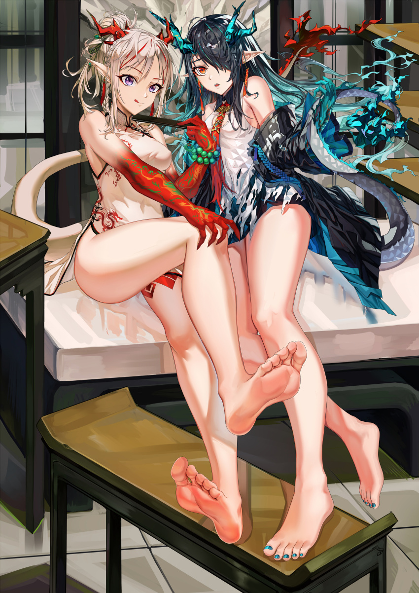 2girls absurdres arknights bare_legs barefoot bead_bracelet beads black_coat blue_eyes bracelet china_dress chinese_clothes coat colored_skin dragon_girl dragon_horns dragon_tail dress dusk_(arknights) feet gradient_skin green_skin hair_over_one_eye highres horns huge_filesize jewelry long_hair multicolored_hair multiple_girls nian_(arknights) nian_(unfettered_freedom)_(arknights) official_alternate_costume pointy_ears red_bandeau red_eyes red_skin sleeveless sleeveless_dress soles streaked_hair tail toes white_coat white_dress xo_(xo17800108)