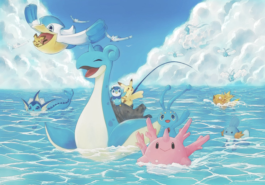 :&gt; afloat altaria alternate_color black_eyes closed_eyes closed_mouth clouds commentary_request corsola day fishing fishing_rod flying gen_1_pokemon gen_2_pokemon gen_3_pokemon gen_4_pokemon lapras magikarp manaphy mudkip mythical_pokemon no_humans okowa_0141 open_mouth outdoors pelipper pichu pikachu piplup pokemon pokemon_(creature) riding_pokemon shiny_pokemon sky smile swablu tongue vaporeon water wingull