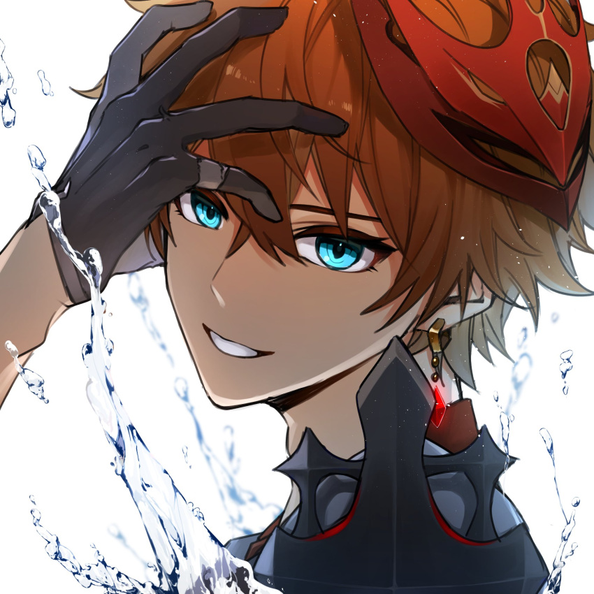1boy bangs blue_eyes close-up commentary_request earrings ebibi_chiriri genshin_impact gloves hair_between_eyes hand_on_own_face highres jewelry male_focus mask mask_on_head open_mouth orange_hair short_hair simple_background single_earring smile solo tartaglia_(genshin_impact) water white_background