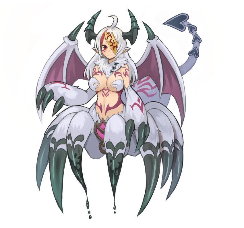 1girl absurdres ahoge arachne arthropod_girl breasts claws commentary demon_girl demon_horns demon_tail demon_wings english_commentary expressionless eyepatch full_body_tattoo fur fur_collar fusion heart highres horns lilim_(monster_girl_encyclopedia) long_hair looking_at_viewer medium_breasts monster_girl monster_girl_encyclopedia navel original paws pointy_ears red_eyes simple_background solo sookmo spider_girl tail tattoo taur ushi-oni_(monster_girl_encyclopedia) white_background white_fur white_hair wings