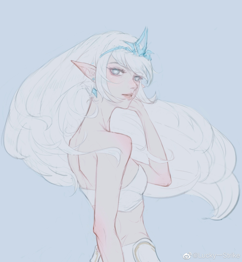 1girl back bare_shoulders blue_background blue_eyes blush earrings highres janna_windforce jewelry league_of_legends light_blue_eyes light_blush long_hair looking_at_viewer looking_back lucky_strike_(artist) parted_lips pointy_ears simple_background single_earring sketch solo tiara white_hair