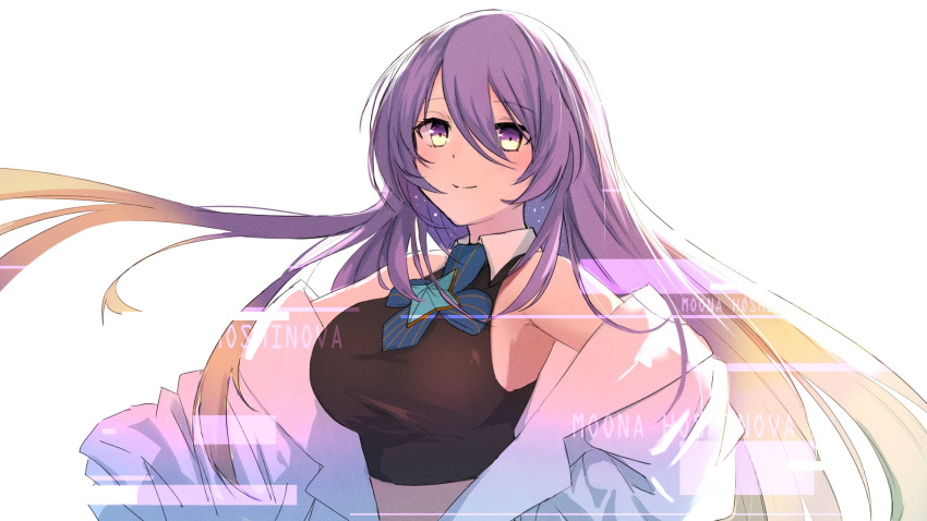 1girl bangs blonde_hair blush breasts character_name furai_sen gradient_hair hair_between_eyes halter_top halterneck head_tilt highres hololive hololive_indonesia jacket large_breasts long_hair moona_hoshinova multicolored multicolored_eyes multicolored_hair off_shoulder purple_hair smile solo symbol_commentary upper_body very_long_hair violet_eyes virtual_youtuber white_background white_jacket yellow_eyes