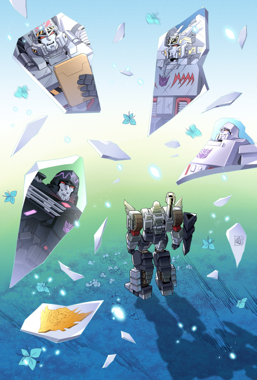 5boys absurdres blue_flower broken_glass decepticon flower glass glass_shards highres lantana0_0 looking_up mecha megatron multiple_boys no_humans open_mouth red_eyes science_fiction standing the_transformers_(idw) transformers