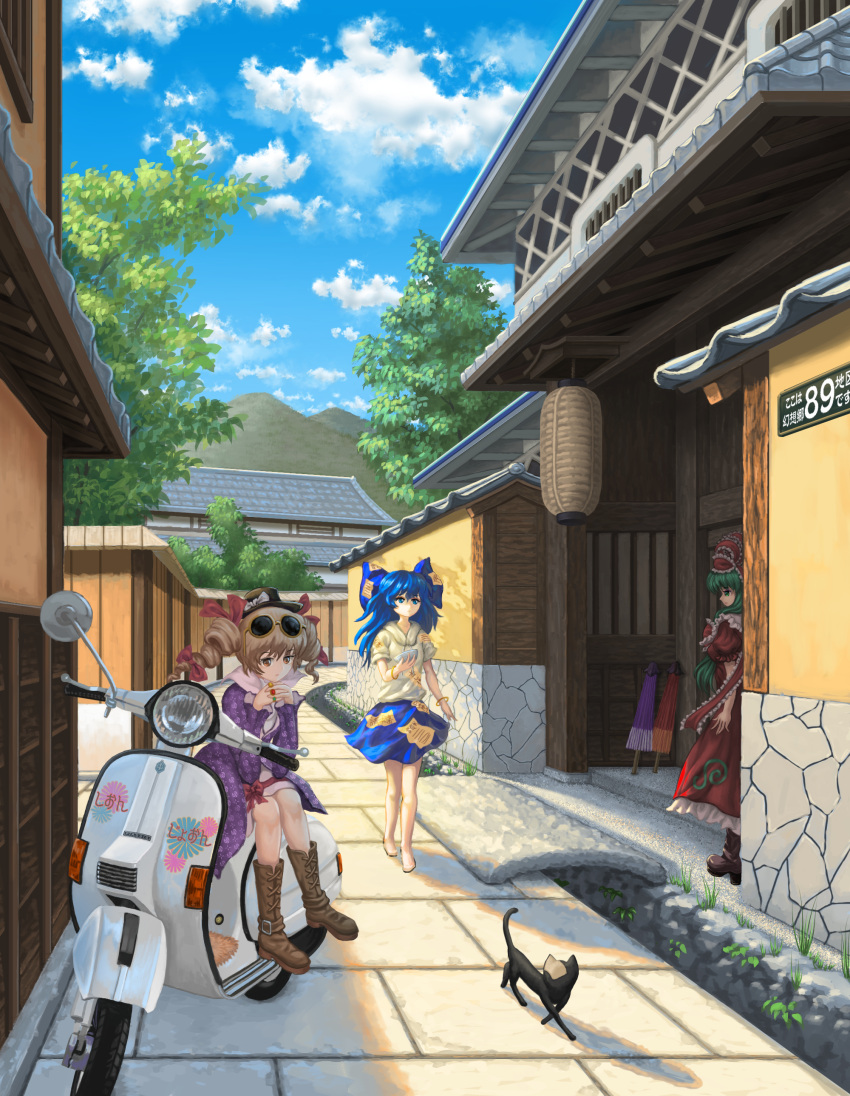 3girls absurdres alley architecture bare_legs barefoot belt_boots blue_eyes blue_hair blue_skirt blue_sky boots bow brown_hair building cat clouds coat cross-laced_footwear dress drill_hair east_asian_architecture expressionless eyewear_on_head green_hair ground_vehicle hair_bow hair_ribbon hat highres hooded_shirt kagiyama_hina lace-up_boots long_hair mini_hat moped motor_vehicle mountain multiple_girls outdoors purple_coat red_dress ribbon short_sleeves skirt sky syuraime_0 touhou tree umbrella yorigami_shion