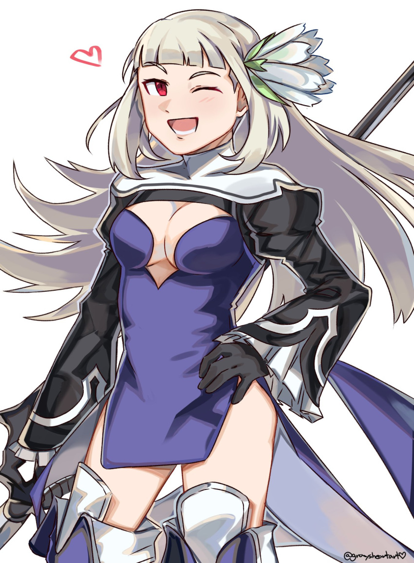 1girl ;d bangs black_gloves bravely_default_(series) bravely_second:_end_layer breasts cleavage_cutout clothing_cutout cowboy_shot dress flower gloves graysheartart hair_flower hair_ornament hand_on_hip heart highres long_hair magnolia_arch multicolored multicolored_clothes multicolored_dress one_eye_closed open_mouth polearm purple_dress red_eyes short_dress smile solo standing weapon white_background white_flower white_hair