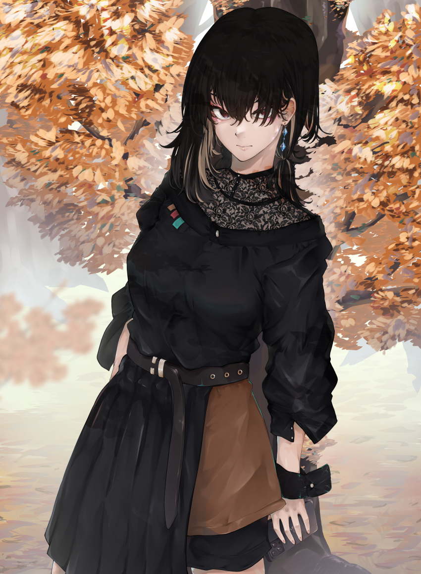 1girl absurdres bangs belt black_hair breasts brown_eyes chiwa_kotarou colored_inner_hair earrings eyeliner highres jewelry long_hair looking_at_viewer makeup multicolored_hair original solo wrist_cuffs