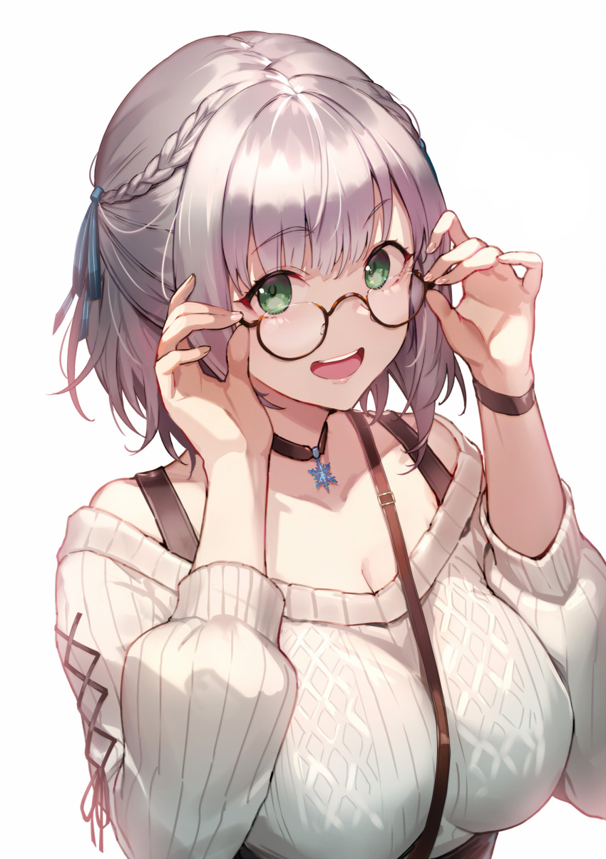 1girl bangs black_choker blue_ribbon blunt_bangs braid breasts choker collarbone eyebrows_visible_through_hair fingernails french_braid glasses green_eyes hair_ribbon highres hololive kakage large_breasts long_sleeves looking_at_viewer one_eye_closed open_mouth ribbon semi-rimless_eyewear shirogane_noel silver_hair simple_background smile snowflake_choker solo sweater teeth under-rim_eyewear upper_body upper_teeth virtual_youtuber white_background white_sweater