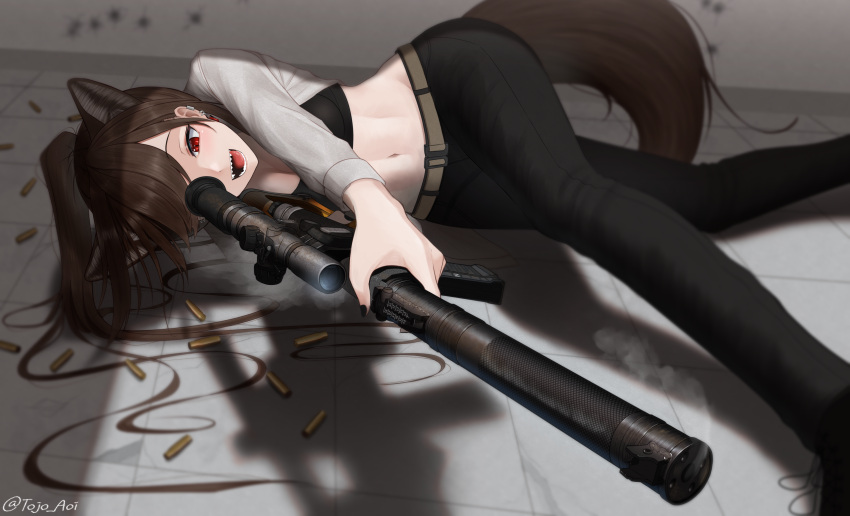 1girl absurdres animal_ears belt black_pants bra brown_hair bullet_hole gun hair_over_one_eye highres kachikachipiroo long_sleeves lying midriff military on_ground on_side open_clothes open_mouth open_shirt original pants ponytail red_eyes rifle shadow sharp_teeth shell_casing shirt smile sniper sniper_rifle solo tail teeth tile_floor tiles underwear vss_vintorez weapon white_shirt wolf_ears wolf_tail