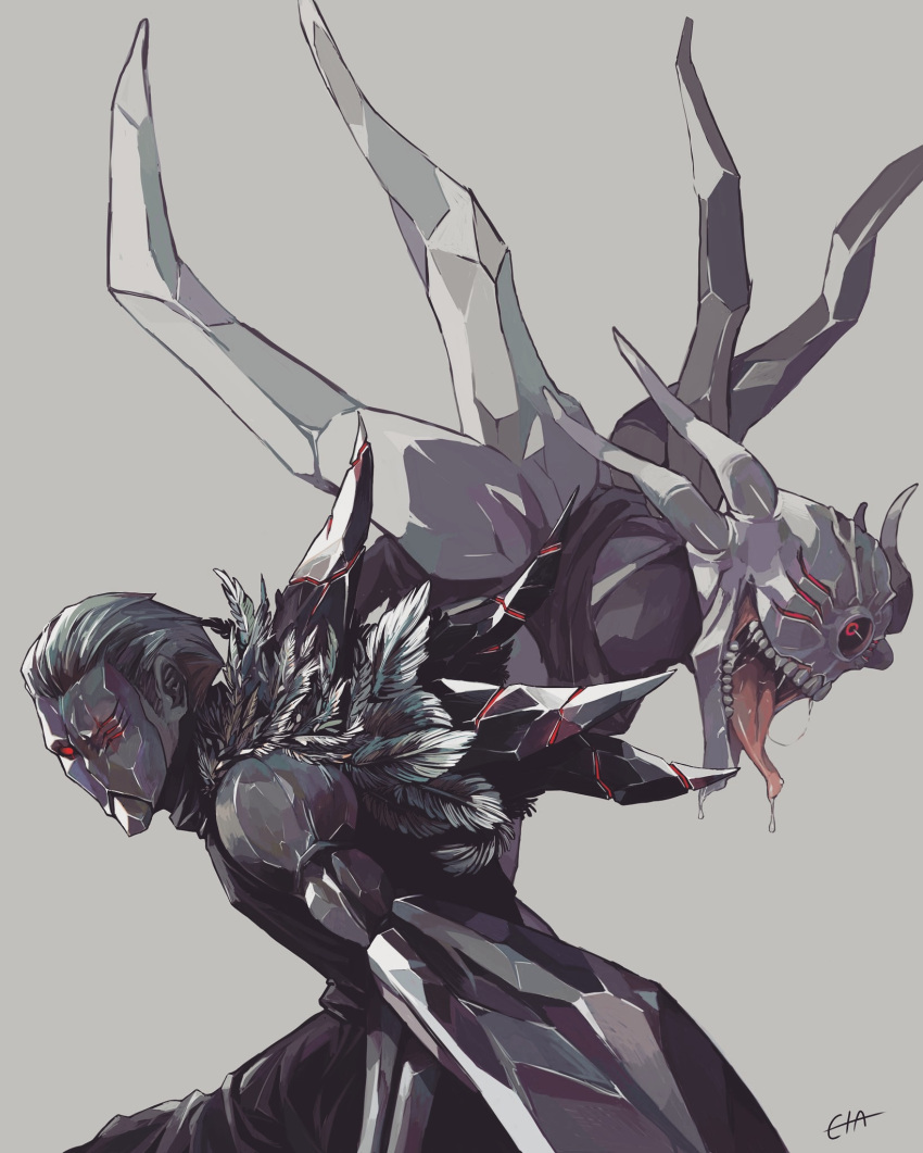 1boy 1girl black_robe claws commentary_request creature etain_(e_t_a_i_n) eto_(tokyo_ghoul) feathers from_side grey_background grey_hair hair_slicked_back highres long_tongue looking_at_viewer male_focus mask open_mouth red_eyes saliva sharp_teeth short_hair simple_background teeth tokyo_ghoul tongue wings yoshimura_(tokyo_ghoul)