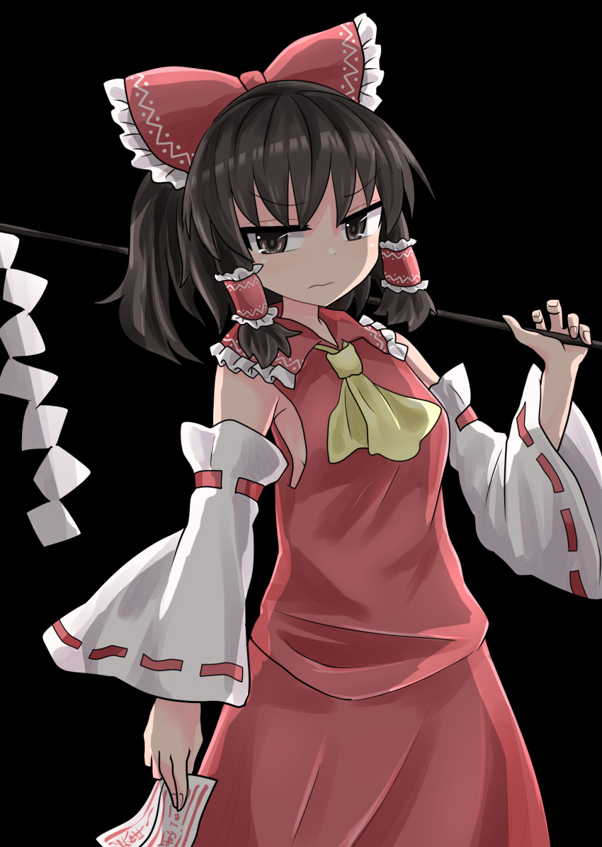 1girl ascot bangs black_background black_eyes black_hair bow chups closed_mouth cowboy_shot detached_sleeves eyebrows_visible_through_hair gohei hair_bow hair_tubes hakurei_reimu highres holding looking_at_viewer nontraditional_miko ofuda red_bow red_shirt red_skirt ribbon-trimmed_sleeves ribbon_trim shirt simple_background skirt solo standing touhou v-shaped_eyebrows wide_sleeves yellow_neckwear