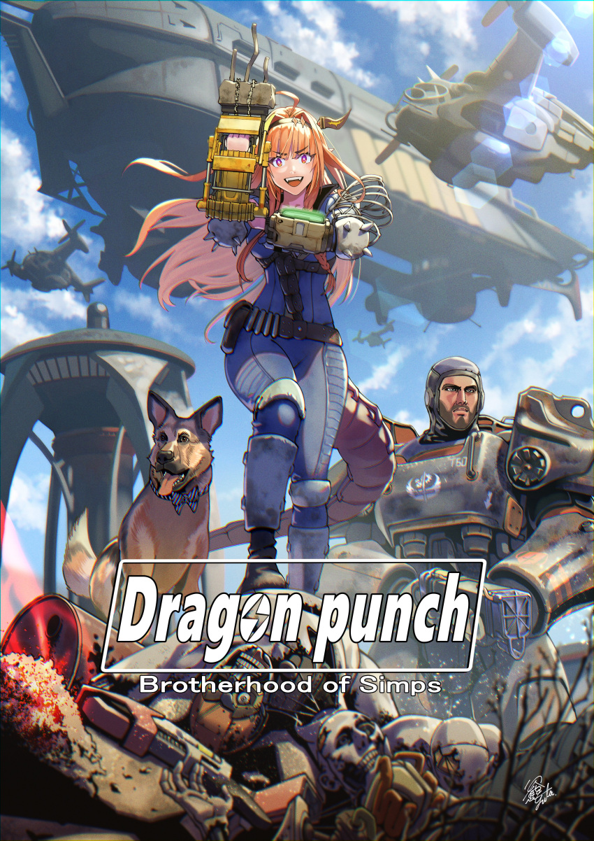 1boy 1girl absurdres ahoge aircraft airship android animal arm_armor arm_up armor bangs belt black_hairband blonde_hair blue_jumpsuit blue_sky blunt_bangs bow bowtie breasts bright_pupils clouds commentary_request danse_(fallout_4) day diagonal-striped_bow dog dogmeat dragon_girl dragon_horns dragon_tail energy_gun energy_weapon english_text eyebrows_visible_through_hair facial_hair fallout_(series) fallout_4 fangs floating_hair foot_out_of_frame german_shepherd gun hair_intakes hairband hand_up highlights highres holding holding_gun holding_weapon hololive horns improvised_weapon kiryu_coco lens_flare long_hair looking_at_viewer multicolored multicolored_eyes multicolored_hair open_mouth orange_hair outdoors parody pip_boy pointy_ears pose post-apocalypse power_armor power_fist red_eyes sandal_master scales shoulder_armor signature sky standing streaked_hair striped striped_bow tail title_parody upper_teeth utility_belt vault_suit violet_eyes virtual_youtuber weapon white_pupils wind
