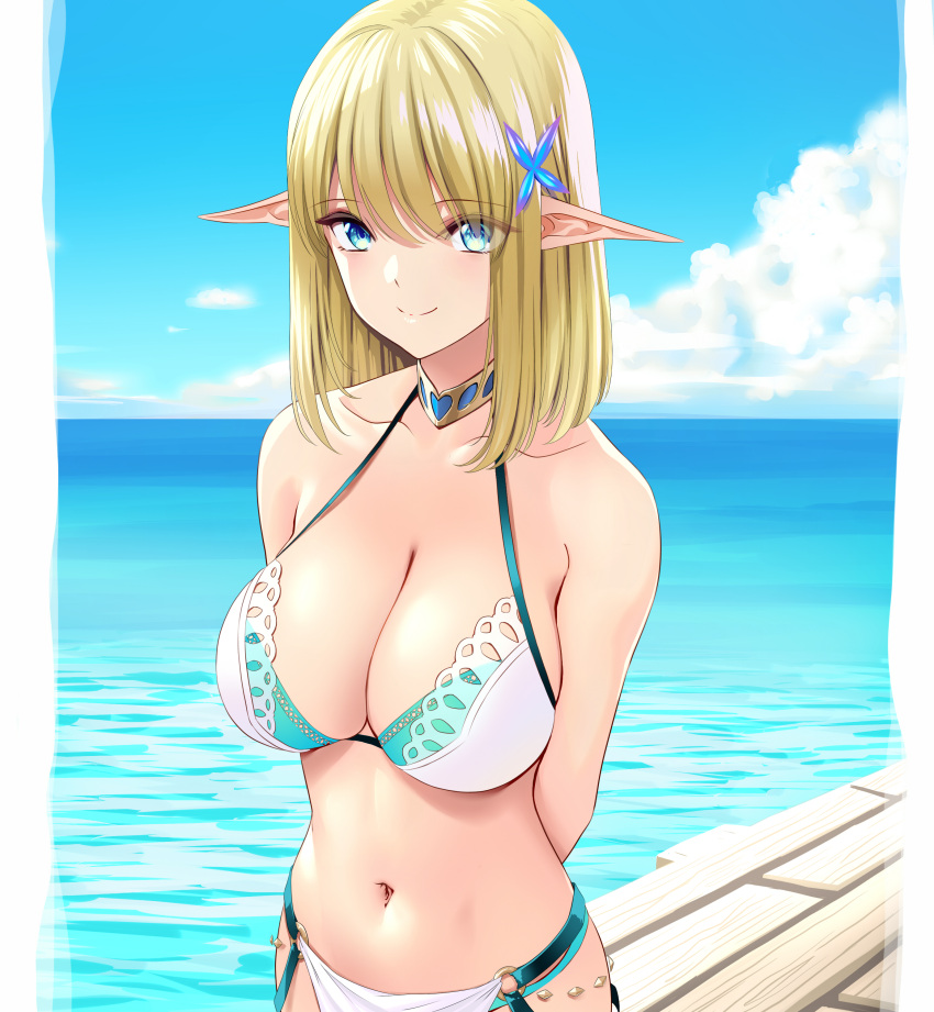 1girl absurdres bikini blonde_hair blue_eyes blue_sky breasts day elf hair_ornament highres large_breasts looking_at_viewer marui_koishi medium_hair navel ocean original pointy_ears sky smile solo swimsuit water