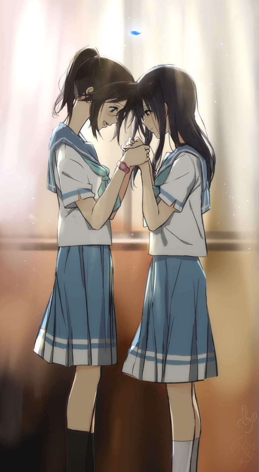 2girls black_hair black_legwear blue_eyes blue_hair blue_neckwear blue_sailor_collar blue_skirt blurry blurry_background blush closed_mouth curtains hibike!_euphonium highres holding_hands indoors kasaki_nozomi kisetsu kitauji_high_school_uniform liz_to_aoi_tori long_hair looking_down multiple_girls neckerchief open_mouth pleated_skirt ponytail red_eyes sailor_collar school_uniform shirt short_sleeves skirt smile socks standing watch white_legwear white_shirt window yoroizuka_mizore yuri